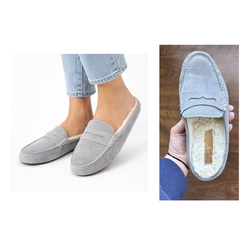 Peter Millar Women's Grey Suede Shearling Lined Mules | Size 7.5